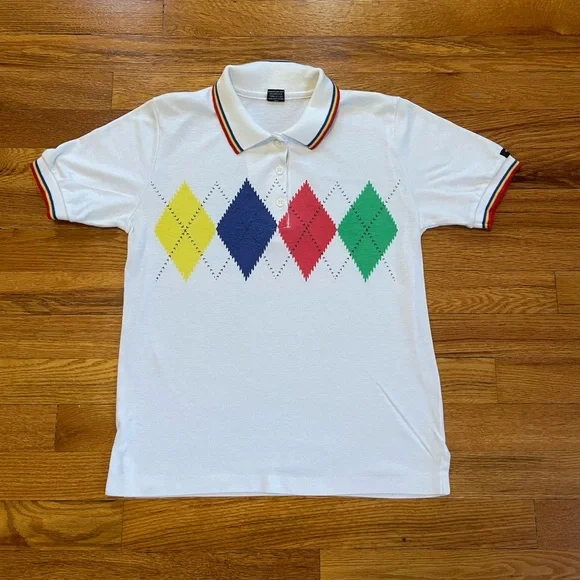 80s Colorful Argyle Diamond Design Grandpa Polo shirt vintage rare small Hunter - Picture 1 of 7